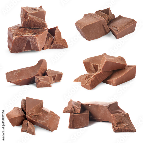 Pieces of tasty chocolate isolated on white, set