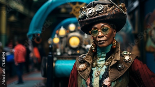 Portrait of an African American woman in steampunk attire. AI-generated.