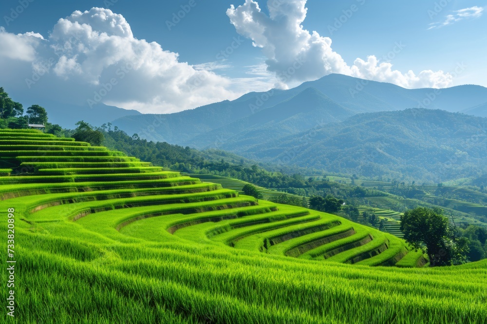Green rice field with mountain backdrop in Chiang Mai, Thailand