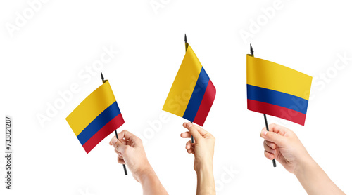 Fototapeta Naklejka Na Ścianę i Meble -  A group of people are holding small flags of Colombia in their hands.