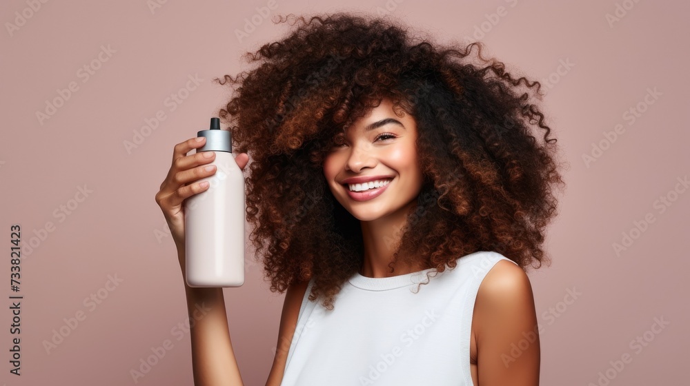 closeup of beautiful young model woman with curly hair holding bottle of shampoo or conditioner hair product. Mock up, advertising for care and beauty hair product. Concept promotion cosmetic product closeup of beautiful young model woman with curly hair holding bottle of shampoo or conditioner hair product. Mock up, advertising for care and beauty hair product. Concept promotion cosmetic product