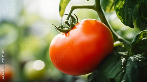 AI generated illustration of a ripe red tomato on a green leafy branch photo