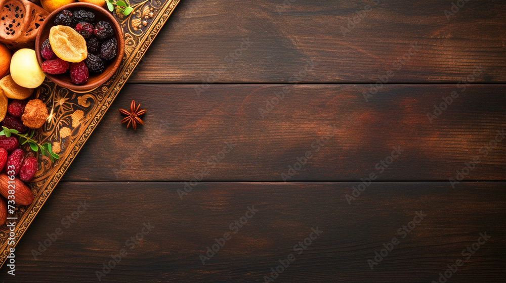 Dry fruits placed on a wooden texture background top view - ai generative Dry fruits placed on a wooden texture background top view - ai generative