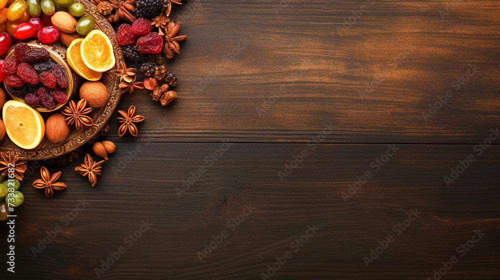 Dry fruits placed on a wooden texture background top view - ai generative Dry fruits placed on a wooden texture background top view - ai generative