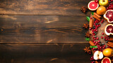 Dry fruits placed on a wooden texture background top view - ai generative