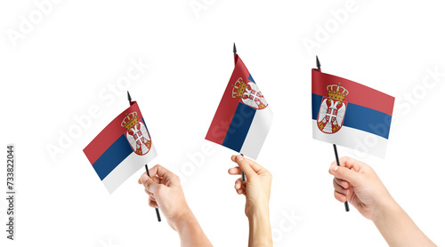 A group of people are holding small flags of Serbia in their hands.