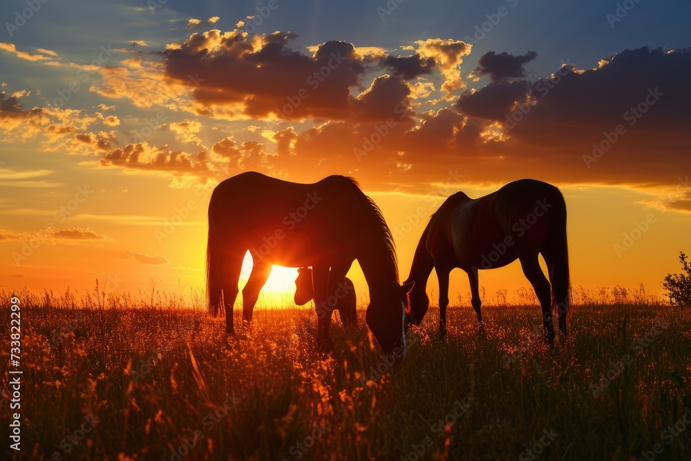 Sunset grazing of Thoroughbred horses. - obrazy, fototapety, plakaty 