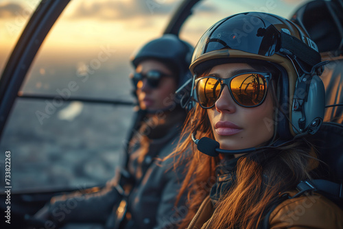 Couple in the cockpit of a helicopter at sunset © Jelena