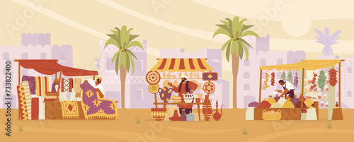 Arabian street bazaar with sellers with carpets, ceramics and spices stalls horizontal banner. Middle Eastern market with ancient city in the desert at the background flat vector illustration.