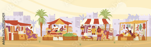 Arabian street bazaar with sellers with carpets, clothes and spices stalls horizontal banner. Middle Eastern market with ancient city at the background flat vector illustration.