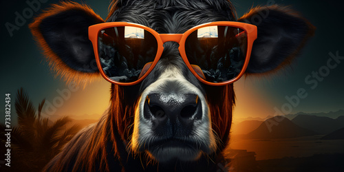 Portrait of a young bull, brown . Monochrome image with sunglasses.