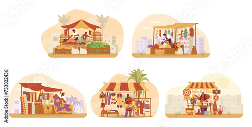 Middle Eastern bazaar scenes with authentic street stalls with sellers and ancient city at the background vector illustrations set. 