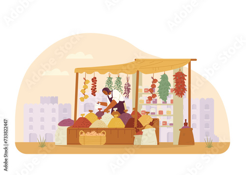 Middle Eastern traditional spices and herbs street shop with woman seller and ancient city at the background flat vector illustration.