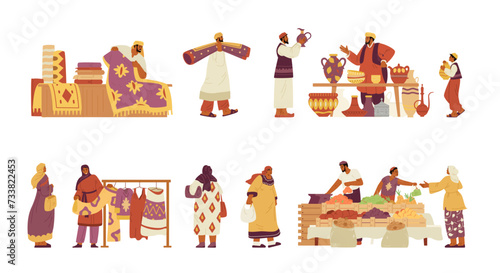 Middle Eastern bazzar sellers and buyers characters vector illustrations set isolated on white. Arabian merchants selling carpets, clothes, ceramics, fruits and vegetables.