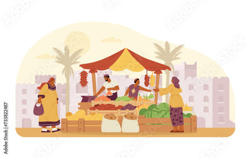 Middle Eastern family father and son selling fruits and vegetables in a marketplace with ancient city at the background flat vector illustration. Women buying fruits at the market.