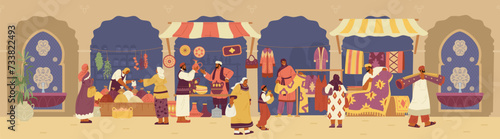 Arabian street bazaar with buyers and sellers with pottery, carpets, clothes and spices stalls vector horizontal banner. Middle Eastern market flat vector illustration.