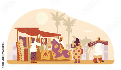 Middle Eastern carpets street shop with seller showing carpet and people choosing and buying flat vector illustration. Arabian street market.