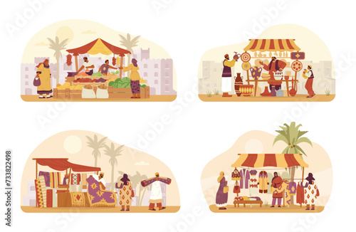 Middle Eastern bazaar scenes with authentic street stalls with sellers and buyers and ancient city at the background vector illustrations set. Exotic street shops with carpets, ceramics, spices and he