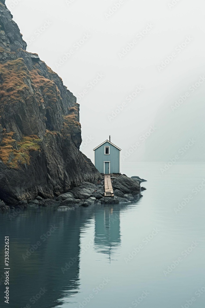 AI generated illustration of a  quaint cottage at the edge of a cliff overlooking a majestic ocean
