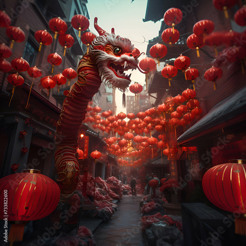 Chinese dragon with lanterns and red lanterns in the ancient city