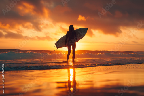 Rear view silhouette of a female surfer with a surfing board on the beach against beautiful sunset background.