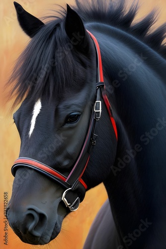 AI generated illustration of a black horse with a horse head rope