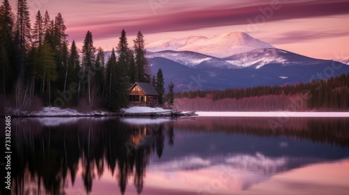 Lone wooden cabin sits on the shore of a lake at sunset, AI-generated.
