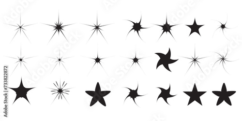 Minimalist silhouette y2k stars icon in black colour, twinkle star shape symbols. Modern geometric elements, shining star icons, abstract sparkle black silhouettes symbol vector set in eps10.