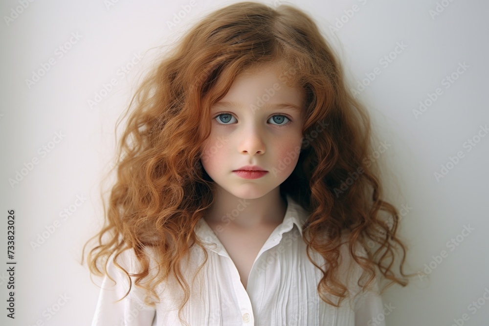 Portrait of a beautiful little girl with long red hair in a white shirt Portrait of a beautiful little girl with long red hair in a white shirt