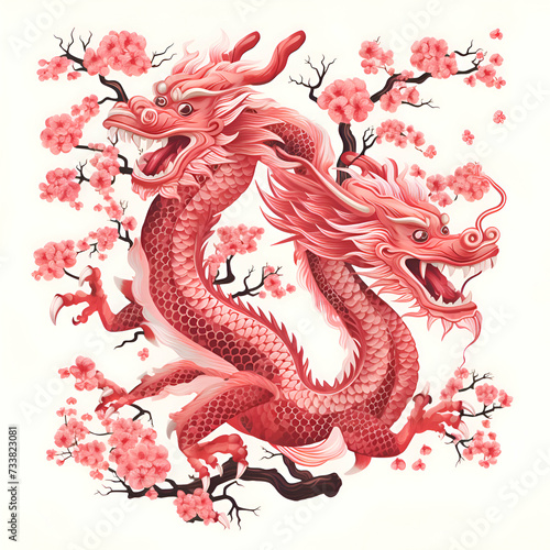 Chinese New Year dragon zodiac sign with plum blossom background. photo