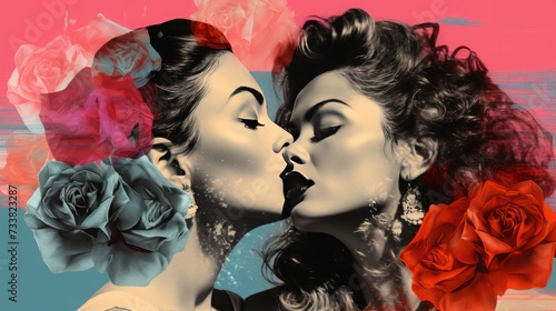 AI generated illustration of two young women kissing, with floral headwear
