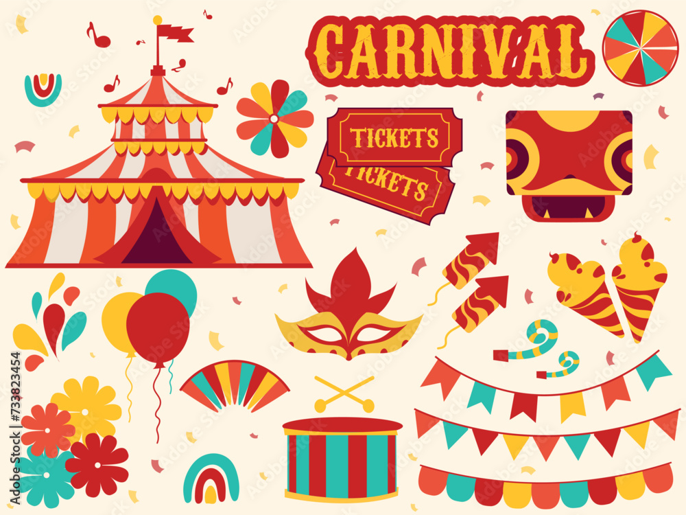 Brazilian Carnival, music festival, traditional Brazil symbols dancing people, drums, accordion, corn, Brazil guitar, flowers, balloon, colorful,