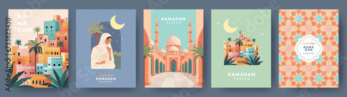 Ramadan Kareem Set of posters, cards, holiday covers. Arabic text mean Ramadan Kareem. Modern design in pastel colors with pattern, mosque, old city, moon and stars, beautiful woman at the arch window photo