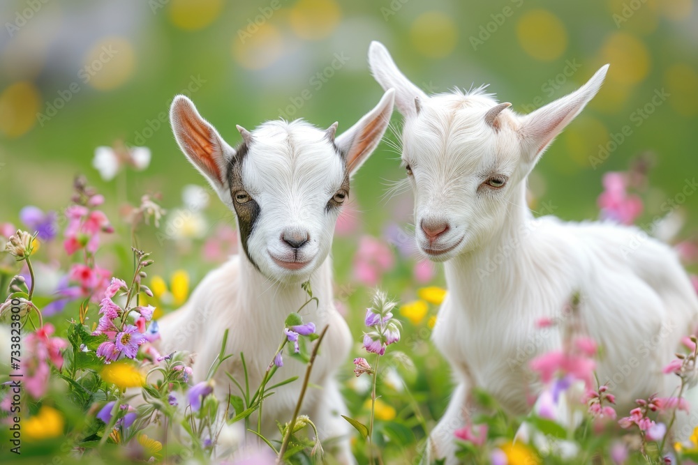 Obraz premium Baby goats playing in field.