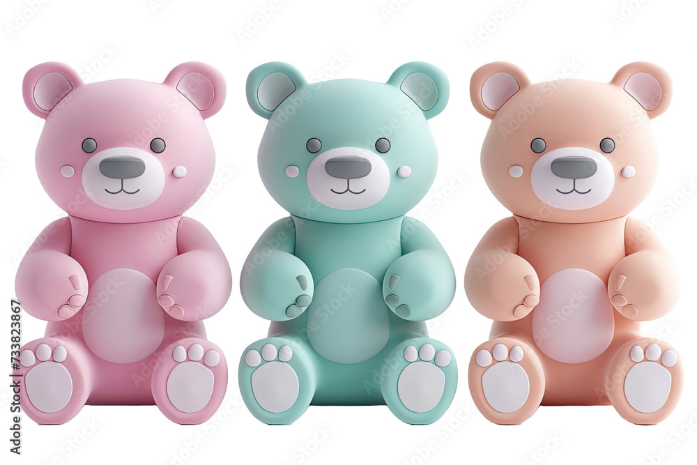 A trio of glossy, stylized teddy bears in pastel colors, presented on a black background. A trio of glossy, stylized teddy bears in pastel colors, presented on a black background.