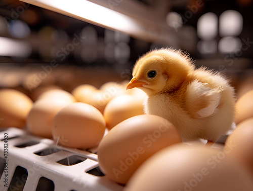 Chick on a hatchery tray, contrasted with rows of unhatched eggs photo