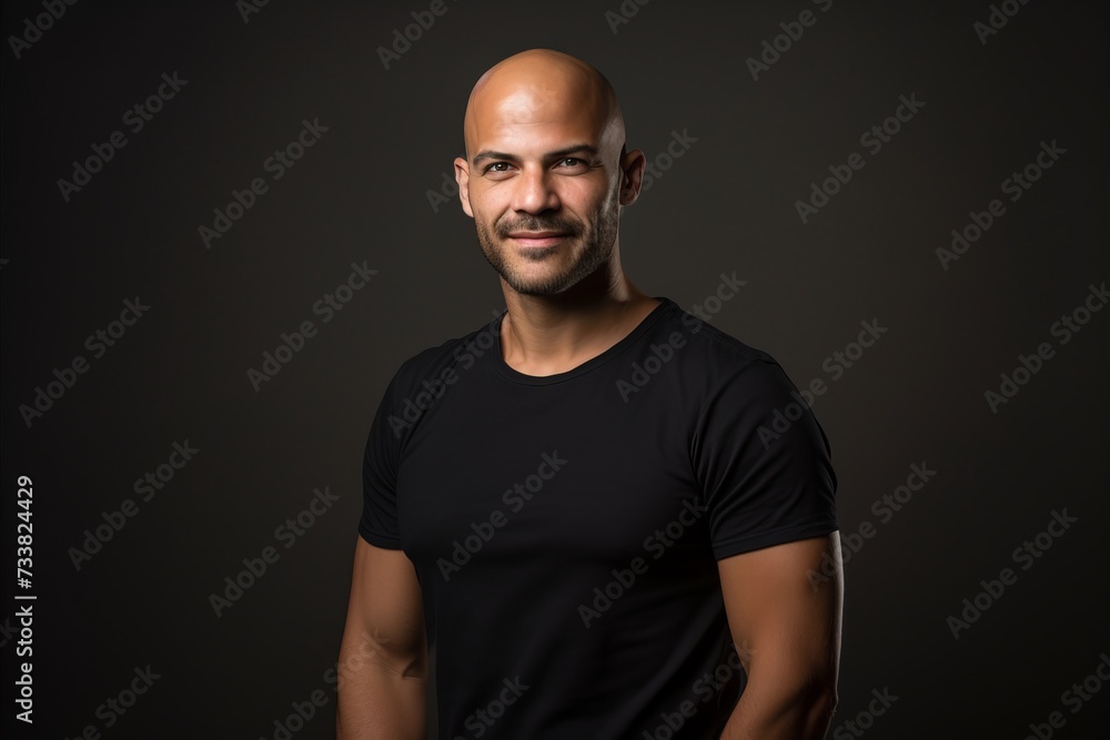 Portrait of a handsome bald man in a black t-shirt on a dark background