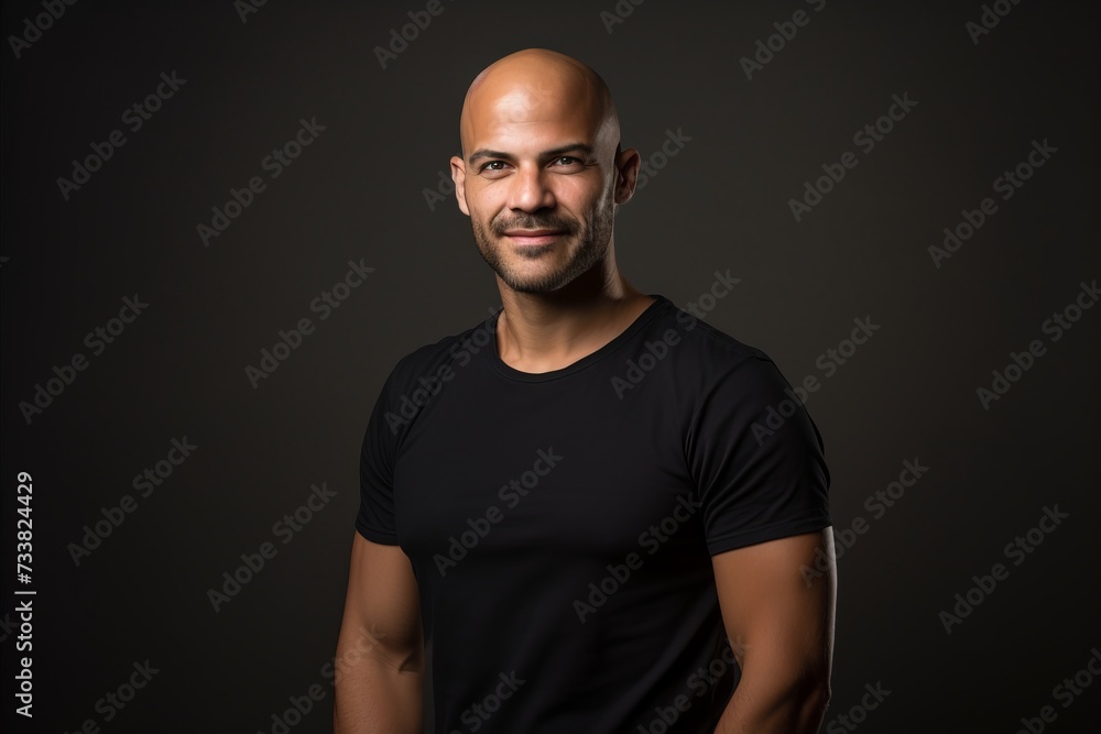 Portrait of a handsome bald man in a black t-shirt on a dark background Portrait of a handsome bald man in a black t-shirt on a dark background