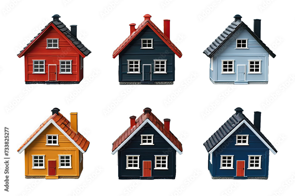 Six stylized houses with various roof colors and designs on a black background. Six stylized houses with various roof colors and designs on a black background.