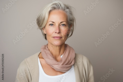 Portrait of a beautiful middle-aged woman with a gray scarf