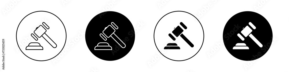 Law Icon Set. Law gavel judge hammer vector symbol in a black filled and outlined style. Justice Delivered Sign. - obrazy, fototapety, plakaty 