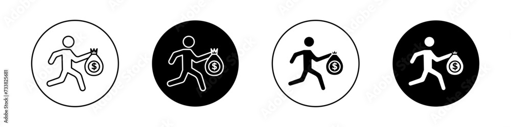 Thief Icon Set. Robber and criminal money steal vector symbol in a black filled and outlined style. Guarded Safety Sign. - obrazy, fototapety, plakaty 