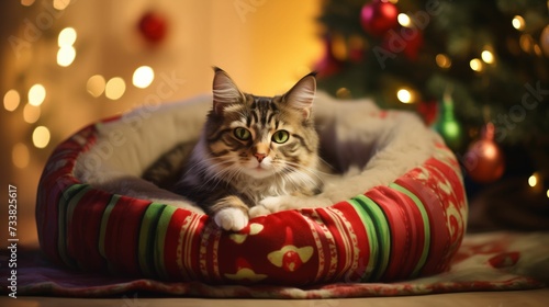 An AI illustration of a cat sitting in a pet bed under a christmas tree