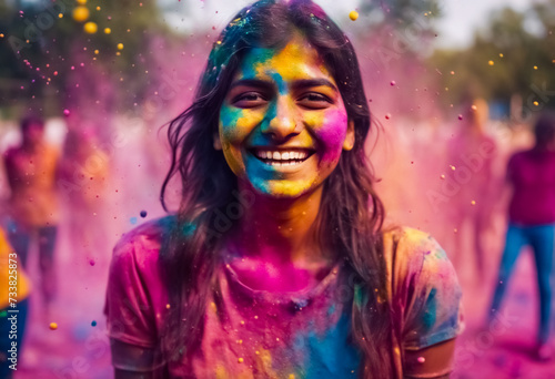 Festa dei Colori- Giovane Donna Indiana Felice con Polvere Colorata Holi, Sorridendo tra le Particelle di Vernice