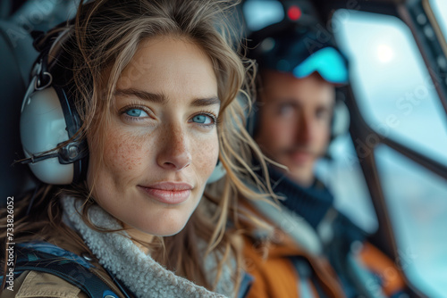 Couple in the cockpit of a helicopter at sunset