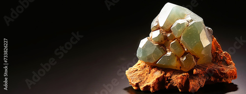 Austinite is a rare precious natural stone on a black background. AI generated. Header banner mockup with space. photo