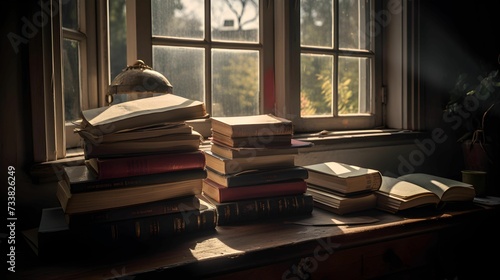 AI generated illustration of a pile of old books on a wooden table photo