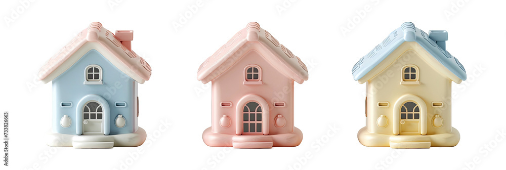 Three cartoon-style houses in pastel blue, pink, and yellow colors. Three cartoon-style houses in pastel blue, pink, and yellow colors.