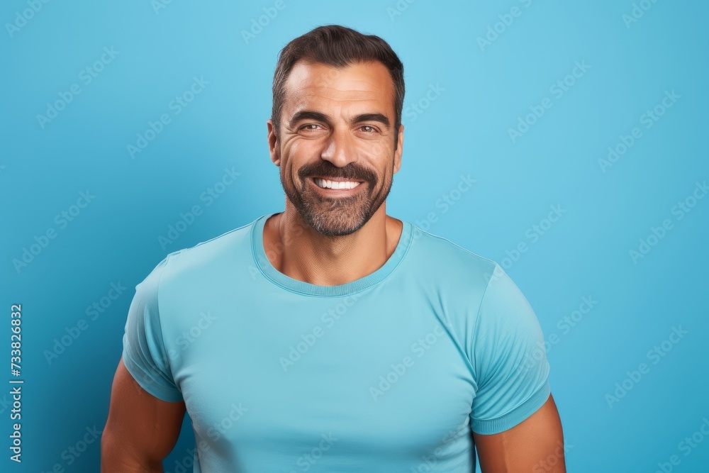Portrait of handsome man in blue t-shirt on blue background Portrait of handsome man in blue t-shirt on blue background