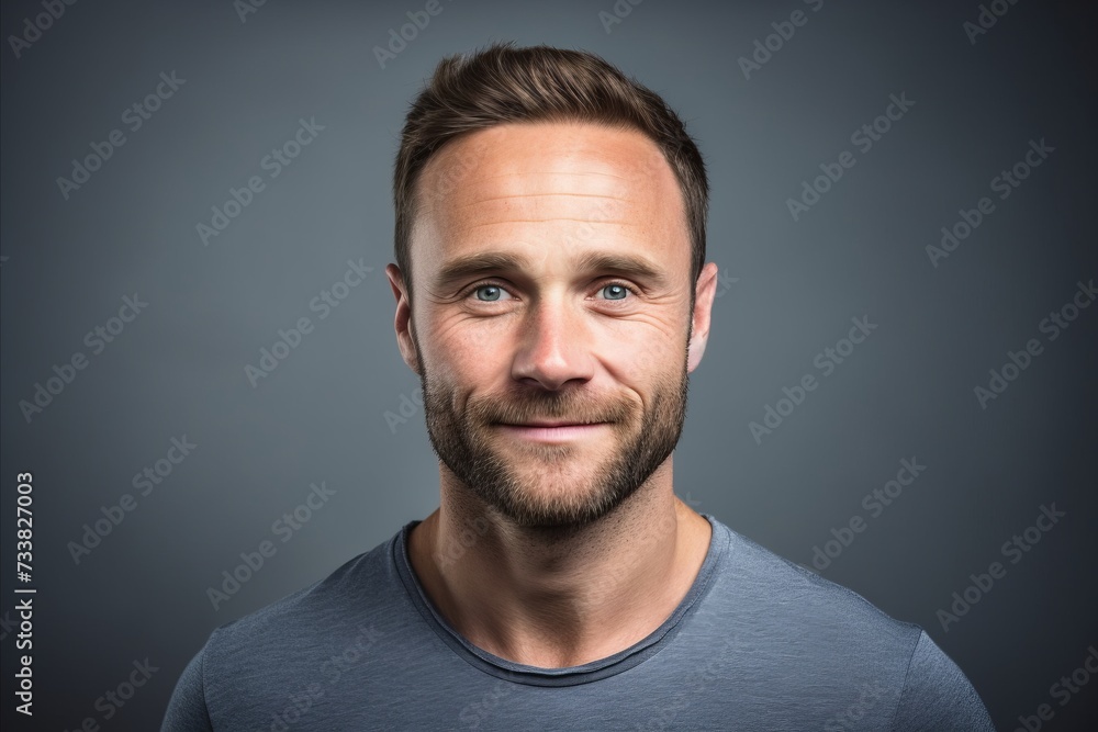 Handsome man with beard over grey background. Studio shot.